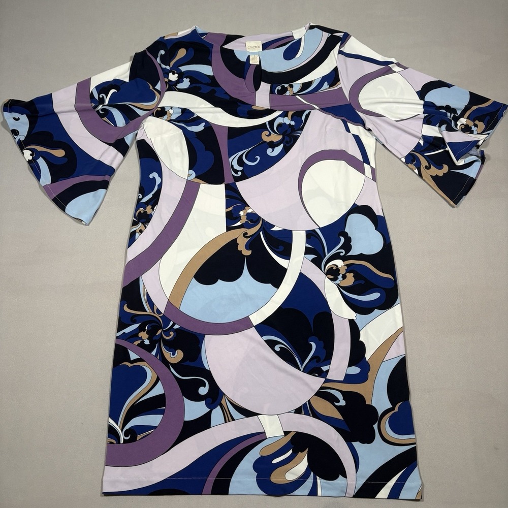 Chicos High Seas Swirl Shift Dress Womens Medium Blue Keyhole Neck Bell Sleeves
